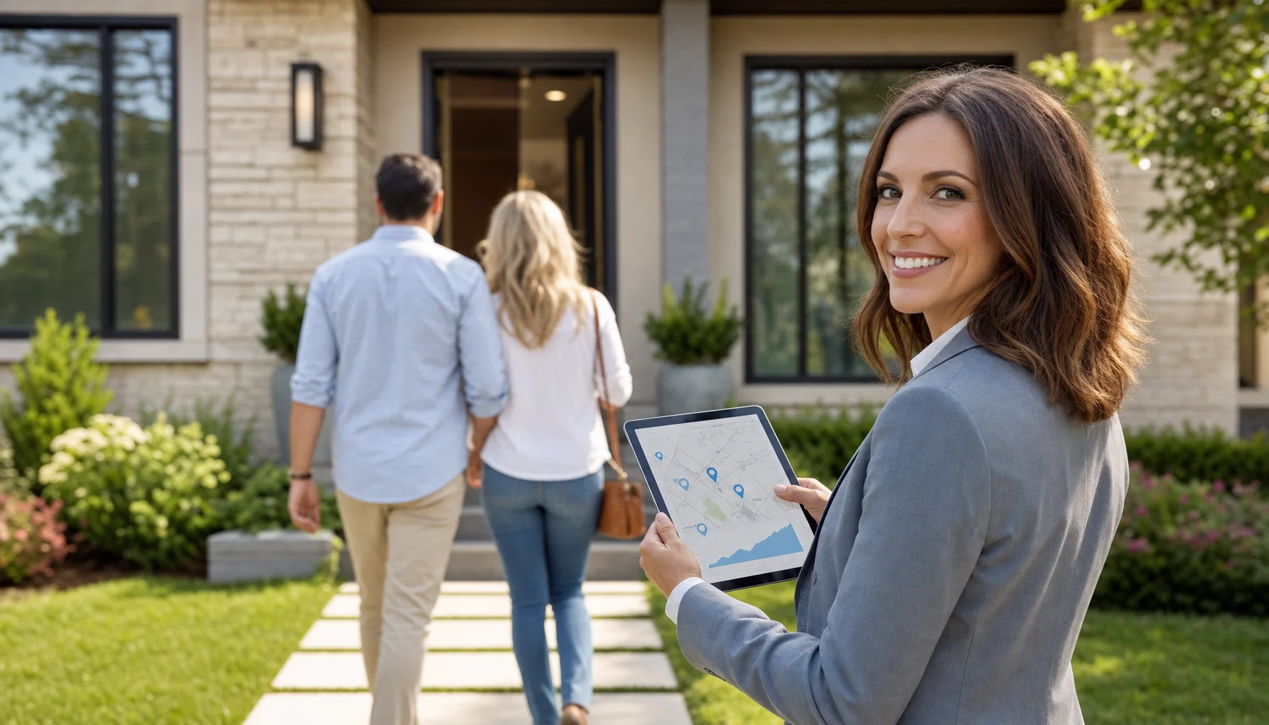 Real estate agent at an open house with a tablet showing location-level scan data